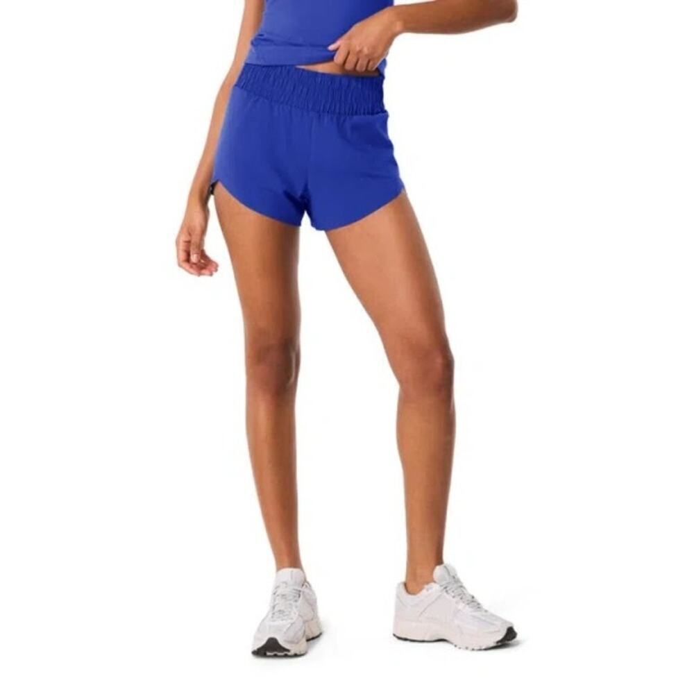 NWT SPANX Booty Boost Run Shorts Blue High Rise Athletic Gym Lined Large